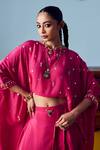 Shop_Prahnaaya_Pink Crepe, Silk Embroidery, Sequins, Beads Round Nexa Hi Low Top And Skirt Set _Online_at_Aza_Fashions