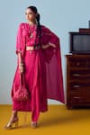 Buy_Prahnaaya_Pink Crepe, Silk Embroidery, Sequins, Beads Round Nexa Hi Low Top And Skirt Set _at_Aza_Fashions