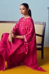 Prahnaaya_Pink Crepe, Silk Embroidery, Sequins, Beads Round Nexa Hi Low Top And Skirt Set _at_Aza_Fashions
