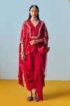 Buy_Prahnaaya_Red Crepe, Silk Embroidery V-neck Maia Anti-fit Tunic Set _Online_at_Aza_Fashions