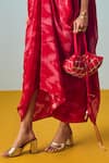 Prahnaaya_Red Crepe, Silk Embroidery V-neck Nexa Hi-low Top And Wrap Skirt Set _Online_at_Aza_Fashions