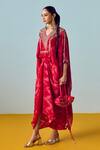 Buy_Prahnaaya_Red Crepe, Silk Embroidery V-neck Nexa Hi-low Top And Wrap Skirt Set _Online_at_Aza_Fashions