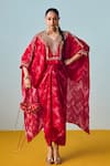 Buy_Prahnaaya_Red Crepe, Silk Embroidery V-neck Nexa Hi-low Top And Wrap Skirt Set _at_Aza_Fashions