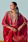 Prahnaaya_Red Crepe, Silk Embroidery V-neck Nexa Hi-low Top And Wrap Skirt Set _at_Aza_Fashions