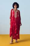Prahnaaya_Red Crepe, Silk Embroidery, Beads, Sequins Raso Hand-embroidered Kaftan Set _Online_at_Aza_Fashions