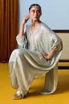 Prahnaaya_Green Satin, Silk Embroidery Round Neck Sage Kaftan Set _at_Aza_Fashions