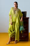 Shop_Prahnaaya_Yellow Satin, Silk Embroidery Round Neck Sublime Neon Anti-fit Tunic Set _Online_at_Aza_Fashions
