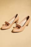 Shop_Tiesta_Brown Bows Custom Tan Pointed Toe Block Heels _at_Aza_Fashions