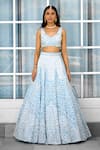 SHASHA GABA_Blue Tissue Embroidery V-neck Embellished Lehenga Set _Online_at_Aza_Fashions