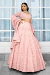 SHASHA GABA_Pink Tissue Sequins, Embroidery V-neck Blush Blossom Embellished Lehenga Set _Online_at_Aza_Fashions