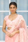 SHASHA GABA_Pink Silk Organza Embroidery Round Neck Hand Embellished Saree Set _Online_at_Aza_Fashions