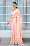 Buy_SHASHA GABA_Pink Silk Organza Embroidery Round Neck Hand Embellished Saree Set _Online_at_Aza_Fashions