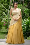 Buy_SHASHA GABA_Yellow Tissue Embroidery Round Neck Hand Embellished Lehenga Saree Set _at_Aza_Fashions