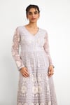 Shop_SHASHA GABA_Gray Net Embroidery V-neck Grey Gown _Online_at_Aza_Fashions
