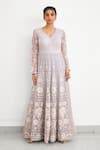 SHASHA GABA_Gray Net Embroidery V-neck Grey Gown _at_Aza_Fashions