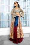 SHASHA GABA_Blue Net Sequins, Embroidery Round Neck, Ombre Cape And Lehenga Set _Online_at_Aza_Fashions
