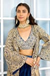 Buy_SHASHA GABA_Blue Net Sequins, Embroidery Round Neck, Ombre Cape And Lehenga Set 