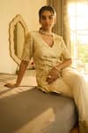 SHASHA GABA_Gold Tissue, Net Embroidery V-neck Ivory Kurta With Sharara _Online_at_Aza_Fashions