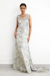 SHASHA GABA_Green Crepe Beads V-neck Embroidered Floor Length Gown _Online