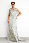 Buy_SHASHA GABA_Green Crepe Beads V-neck Embroidered Floor Length Gown _at_Aza_Fashions
