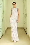 Buy_SHASHA GABA_Ivory Crepe Sequins, Beads Round Neck Embroidered Floor Length Gown _at_Aza_Fashions