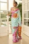 Buy_SHASHA GABA_Blue Georgette Sequins Sweetheart Neck Bright Flower Saree Set _at_Aza_Fashions