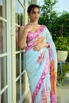 Shop_SHASHA GABA_Blue Georgette Sequins Sweetheart Neck Bright Flower Saree Set _Online_at_Aza_Fashions