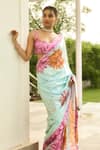 SHASHA GABA_Blue Georgette Sequins Sweetheart Neck Bright Flower Saree Set _at_Aza_Fashions