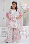Buy_Little Bansi_Pink Cotton Pom-poms Floral Printed Kurta Set _at_Aza_Fashions