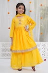 Buy_Little Bansi_Yellow Chanderi Silk Embroidery, Sequins Haldi Kurta Sharara Set _at_Aza_Fashions