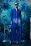 Shop_Mandira Wirk - Indian_Blue Chanderi Embroidery Collared Kurta Pant Set _at_Aza_Fashions