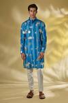 Buy_Rabani & Rakha_Turquoise Silk Zari, Embroidery Blue Thread Kurta Set _at_Aza_Fashions