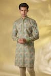 Rabani & Rakha_Green Silk Sequins Sage Designer Kurta Set _Online_at_Aza_Fashions