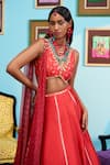 Buy_Papa Don't Preach_Red Silk Beads, Sequins V-neck Printed Raw Lehenga Set _Online_at_Aza_Fashions