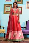 Shop_Papa Don't Preach_Red Silk Beads, Sequins V-neck Printed Raw Lehenga Set _Online_at_Aza_Fashions