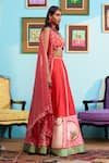 Papa Don't Preach_Red Silk Beads, Sequins V-neck Printed Raw Lehenga Set _at_Aza_Fashions