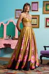 Shop_Papa Don't Preach_Yellow Silk Sequins Round Neck Mustard Printed Lehenga Set _Online_at_Aza_Fashions