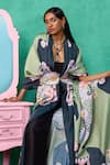 Buy_Papa Don't Preach_Blue Satin Embroidery Round Neck Printed Linen Jacket And Belt Set _Online_at_Aza_Fashions