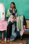 Shop_Papa Don't Preach_Blue Satin Embroidery Round Neck Printed Linen Jacket And Belt Set _at_Aza_Fashions