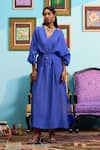 Buy_Papa Don't Preach_Blue Chanderi Sequins, Embroidery V-neck Dyed Dress _at_Aza_Fashions