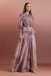 Pankaj & Nidhi_Purple Chiffon, Organza Round Neck Embellished Ruffle Top And High Slit Skirt Set _Online_at_Aza_Fashions