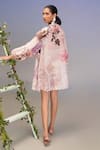 Shop_Pankaj & Nidhi_Pink Linen Embroidery Open Neck Vintage Bow-tie Dress _at_Aza_Fashions