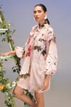 Pankaj & Nidhi_Pink Linen Embroidery Open Neck Vintage Bow-tie Dress _Online_at_Aza_Fashions