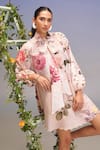 Buy_Pankaj & Nidhi_Pink Linen Embroidery Open Neck Vintage Bow-tie Dress _at_Aza_Fashions