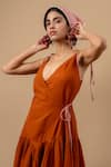 Shop Doodlage Orange Cotton V-neck Rust Organic Dress Online at Aza Fashions Shop_Doodlage_Orange Cotton V-neck Rust Organic Dress _Online_at_Aza_Fashions