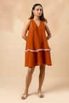 Buy_Doodlage_Orange Cotton Ruffles V-neck Rust Organic Dress _at_Aza_Fashions