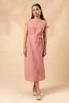 Doodlage_Pink Cotton Embroidery Round Neck Organic Midi Dress With Belt _Online_at_Aza_Fashions