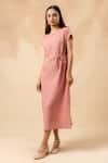 Buy_Doodlage_Pink Cotton Embroidery Round Neck Organic Midi Dress With Belt _Online_at_Aza_Fashions