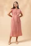 Buy_Doodlage_Pink Cotton Embroidery Round Neck Organic Midi Dress With Belt _at_Aza_Fashions