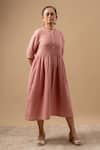 Doodlage_Pink Cotton Embroidery Round Neck Organic Dress _Online_at_Aza_Fashions
